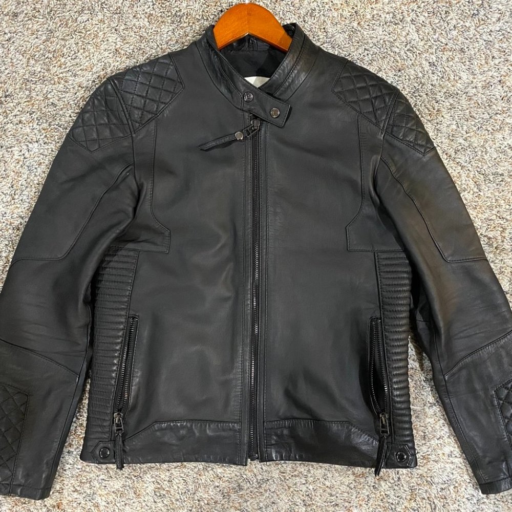 Boda Skins Men's Black Leather Motorcycle Jacket, Gun Metal Slim Fit size medium